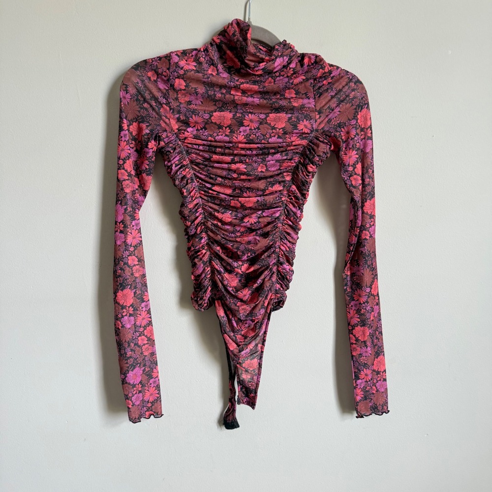 Intimately Free People Floral Mesh Ruched Mock Neck Bodysuit Pink Purple Small